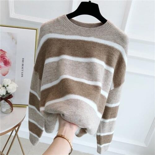Striped Pattern Oversized Sweater Multicolor Drop Shoulder Women Autumn Ladies Long Sleeve Round Neck Casual Sweaters
