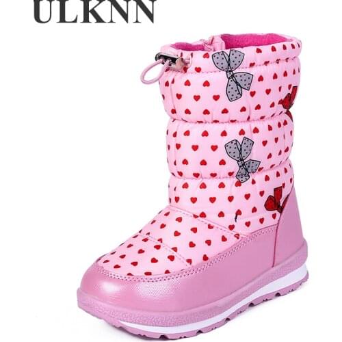 ULKNN 2021 New Winter Plus Velvet Girls Snow Boots Heart Shape Kids Plush Warm Shoes For Big Children Non-Slip