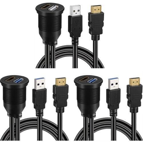 USB 3.0 and HDMI to HDMI + USB3.0 AUX Extension Dash Panel Waterproof Car Flush Mount Cable For Car Boat and Motorcycle - 2M