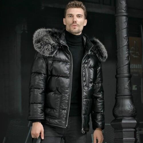 High-quality Top Cow Leather 95% White Duck Down Jacket Genuine Leather Men Down Coat Real Fox Fur Collar Mens Short Winter Coat