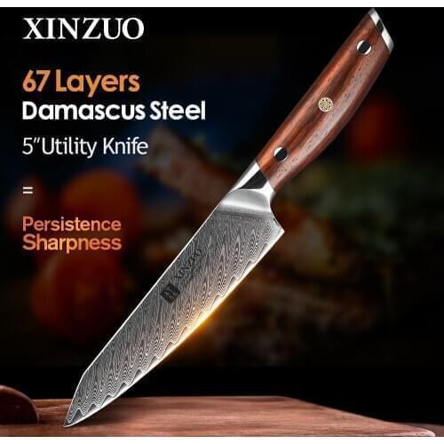 XINZUO 5" in Utility Knife Damascus Professional Kitchen Knives Japanese High Carbon Stainless Steel Fruit Knife Rosewood Handle