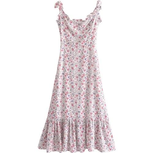 YENKYE Sexy Sling Sweet Floral Print Holiday Dress Women Sleeveless Ruffle Party Long Dress Female Summer Chiffon Vestido