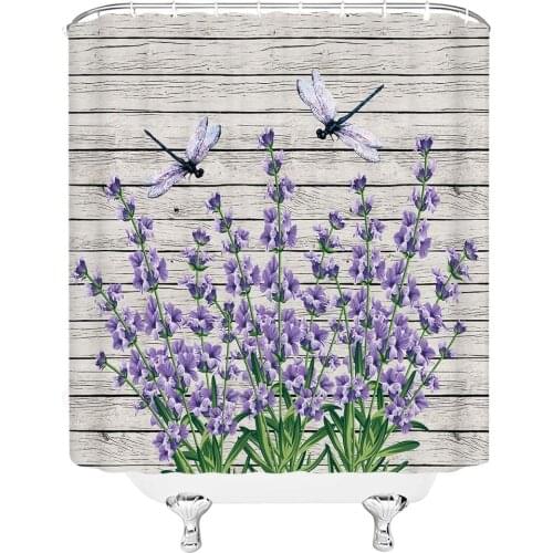 Purple Flower Shower Curtain Lavender Dragonfly Decor Purple Floral on Vintage Wooden Rustic Idyllic Nature,Fabric Bathroom Set