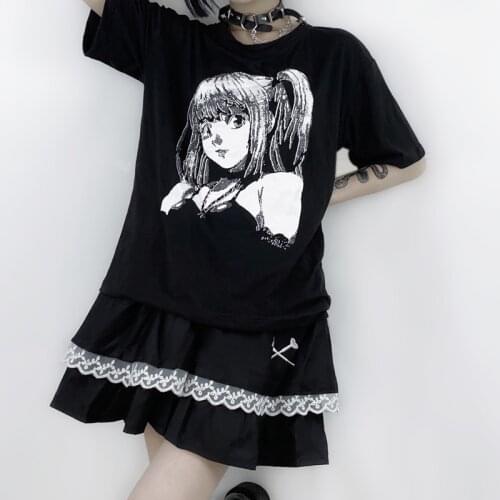 Punk Gothic Dark Grunge Streetwear Ladies Tops Kawaii Y2K Vintage Mujer Harajuku Japanese Anime Cartoon Print Chic Loose T-Shirt