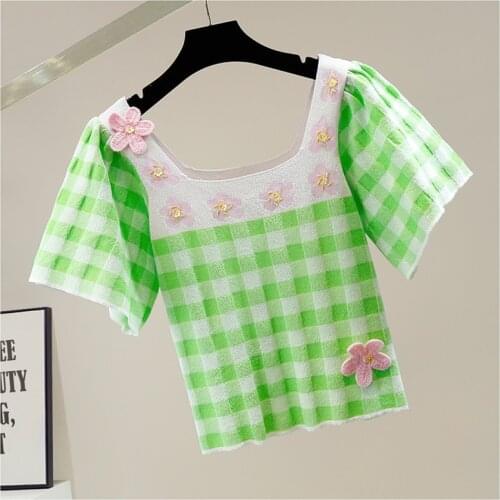 Beaded Sweet Tridimensional Flower Square Collar Knitted T Shirt for Women Color-Contrast Plaid Crop Top Ladies Tee