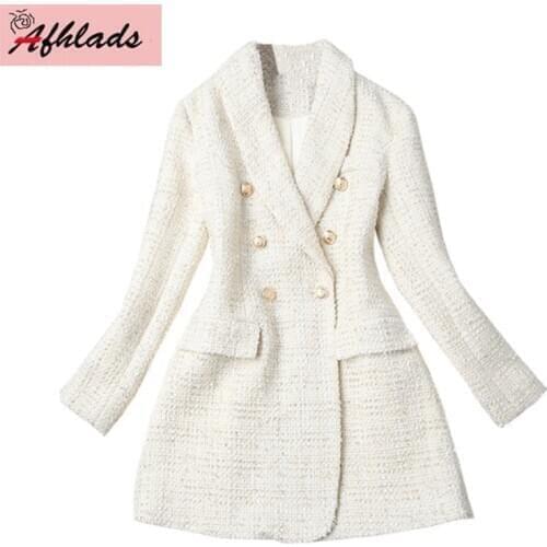 Luxury Small Fragrance Women Double-Breasted Tweed Notched Collar Jacket Slim Fashion Autumn And Winter Patchwork Jacket Coat
