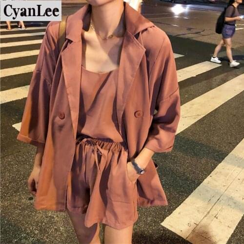 Cyanlee 3 Piece Set Women Suits Long Sleeve Coats Elastic High Waist Drawstring Shorts Suit 2020 Summer Office Lady Solid Set
