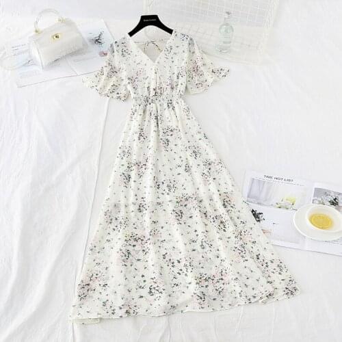 Women Retro Floral Dress Cross V Neck Wooden Ear Slim Long Vestido 2021 Summer Elegant Chiffon Short Sleeve Dresses Femme