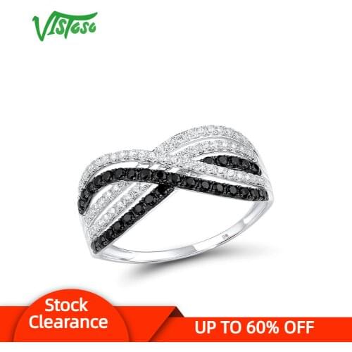 VISTOSO Gold Rings For Women Genuine 9K 375 White Gold Ring Sparkling White CZ Black Spinel Promise Band Rings Fine Jewelry