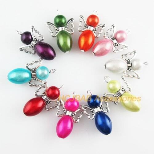 10 New Angel Charms Tibetan Silver Tone Mixed Acrylic Oval Pendants 18x29mm