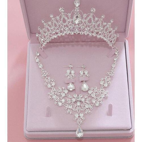 3Pcs/Set Rhinestone Butterfly Necklace Crown Earring Bridal Wedding Jewelry Set Gift