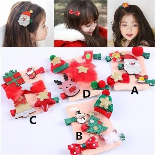5Pcs/set Girls Cartoon Christmas Gifts Hair Accessories Set Hair Clips Barrettes Hair Ornament Headbands Children Hairpins Happy