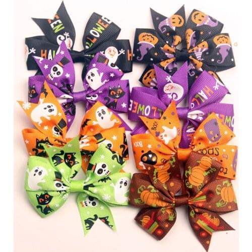 8 Color Halloween Decoration Grosgrain Ribbon Hair Bows for Baby Girls Pumpkin Pinwheel Hair Clips Headwear Hair Accessories