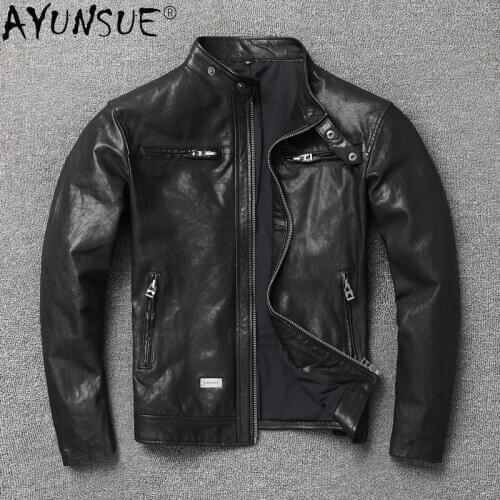 AYUNSUE Vintage Genuine Leather Jacket Men Spring Autumn Goatskin Learher Coats Motorcycle Jacket for Men Style 2021 KJ6652