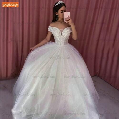 White Pearls Wedding Dress Off Shoulder Trouwjurk Lace Up Beaded Tulle Ball Gown Bride Dresses Long Women Vestido De Casamento
