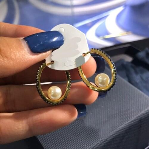 Brand 1:1Brand High Quality Fashion Earring Gold Color Round with Pearl White Blue Zircon for Women Jewelry