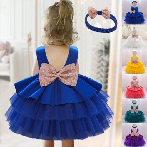 Summer Sleeveless Baby Girl Dress With Headband Colorful Cake Birthday Kids Clothes Ceremony Princess Party Dress