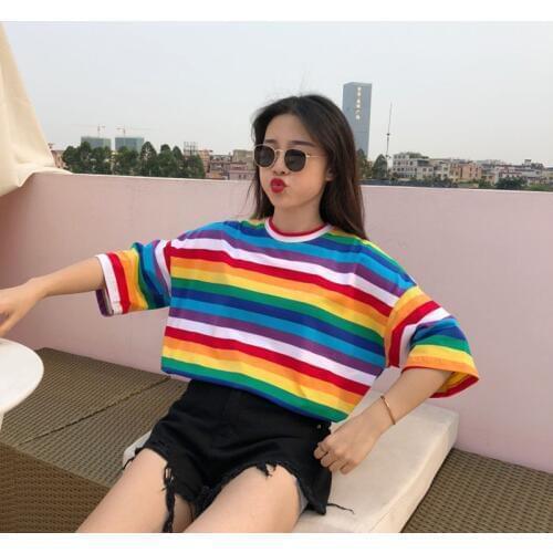 New T Shirt Women Rainbow Striped Tops Harajuku T-shirt 2020 Summer Short Sleeve Korean Punk T-shirt Cotton Women Clothing