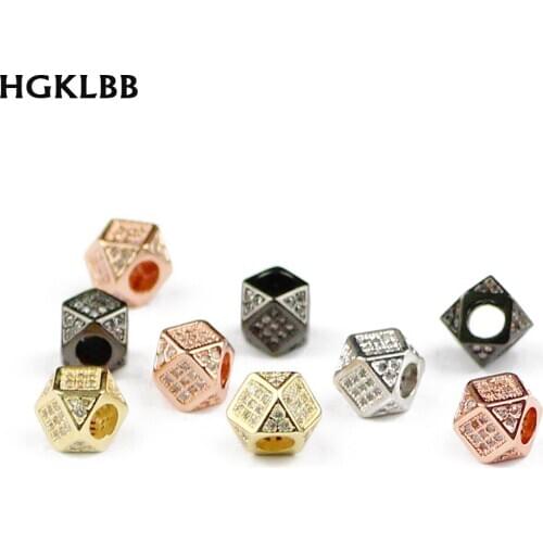HGKLBB 2pcs White Zircon Geometric Copper Spacer beads 7mm CZ Crystal Charms metal Loose beads for Jewelry making bracelet DIY