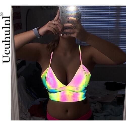 New Women Sexy Reflective Crop Top Strap Deep V-neck Short Camisole 2021 Fashion Summer Women Girls Night Party Sexy Clothes