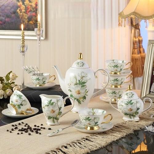 Camellia Bone Chinese Coffee Set English Porcelain Tea Set Ceramic Pot Creamer Sugar Bowl Afternoon Tea Teapot Coffee Cup Mug