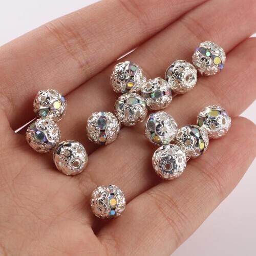 50pcs/lot AB Color Rhinestone Rondelles Crystal Beads Ball Round Loose Spacer Beads For DIY Jewelry Making Accessories Supplies