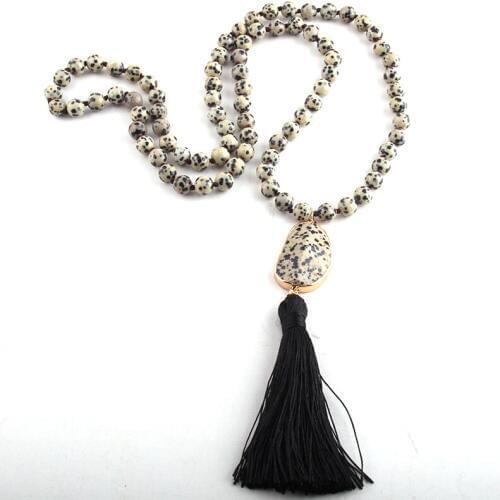 RH Fashion Jewelry Natural Dalmatian Jasp. Long Knotted Black Tassel Necklaces For Women Necklace