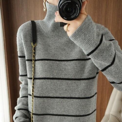 2021 new autumn and winter cashmere sweater womens high neck stripe loose and thin versatile 100% wool knitted bottomed shirt