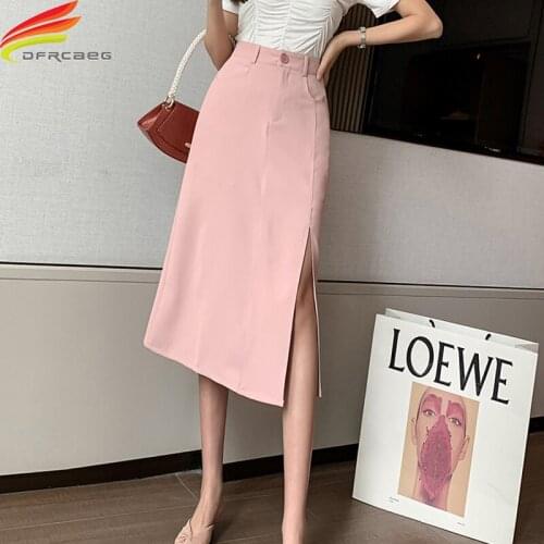 New 2021 Spring Summer Skirt Women High Waist Pockets Black Beige Or Pink Slit Skirts Womens Casual faldas largas Hot Sale