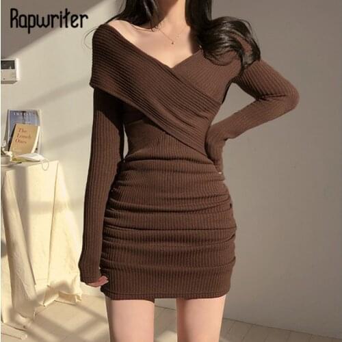 Rapwriter Sexy Solid Mini Dress Casual Autunmn V Neck Women Knitted Wrap Dress Bodycon Party Dress Nightclub Short Dress Fashion