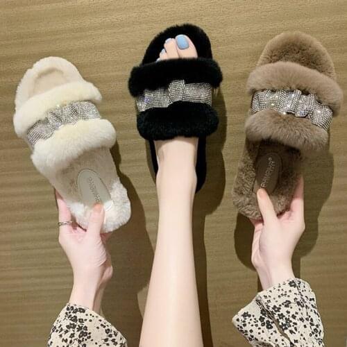 Luxury Crystal pleated rubbit fur slippers women winter add cashmere shoes woman comfy warm plush slides furry pantuflas 2021