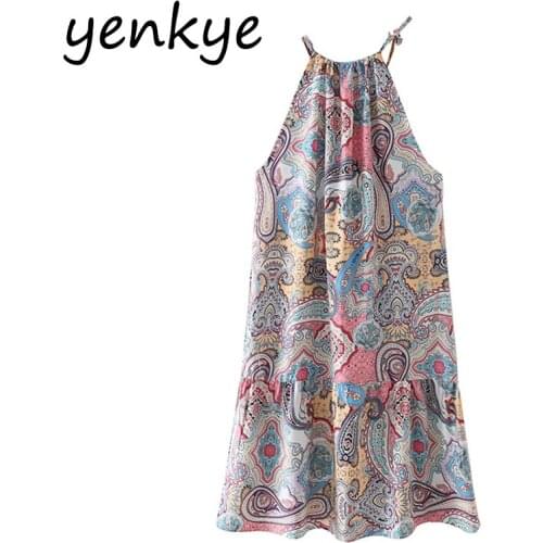 YENKYE Summer Women Vintage Print Halter Dress Female Sleeveless Holiday Summer Beach Dress Plus Size Short Vestido