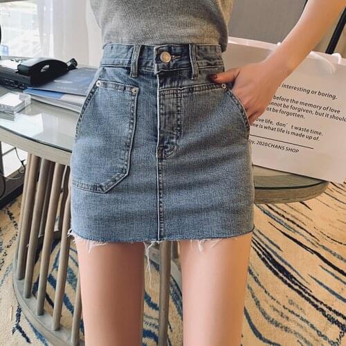 Korean high waist denim skirt womens 2021 summer trouser skirt A-line tight thin harajuku skirt A-LINE Solid COTTON