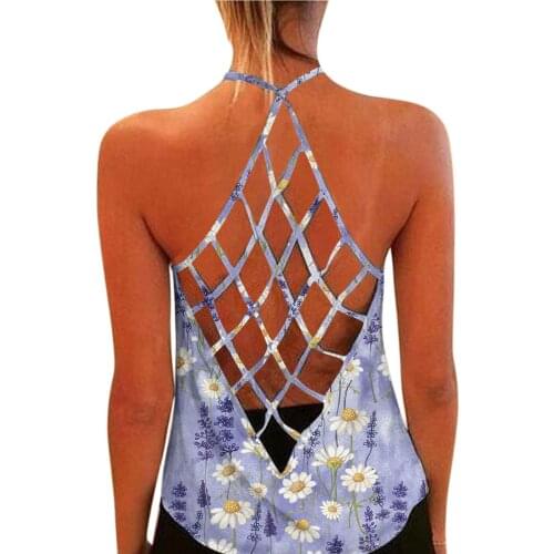 Womens Fashion O-Neck Sleeveless Sexy Blouse Vest Sunflowers Printing Sling Type Hollowed Grid Lovely Ladies Girls Vest