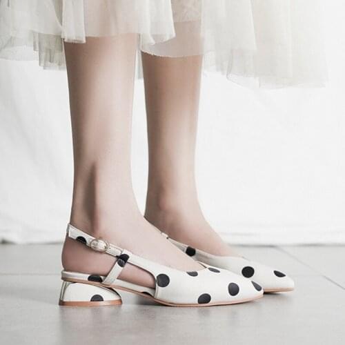 Vogue White Polka Dot Shoes Summer Women Sandals Pointed Toe High Heel Ladies Pumps Ankle Strap Buckle Casual Shoes Slides
