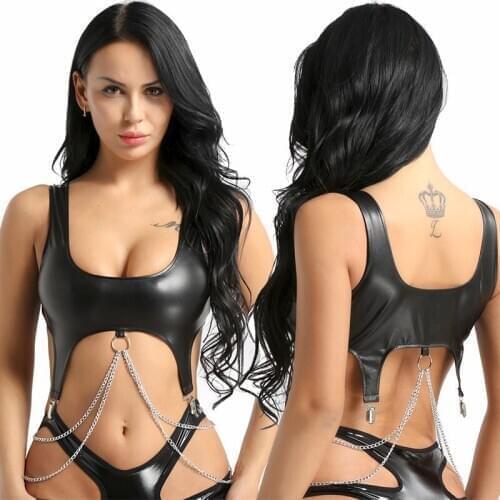 Womens Chain Latex Leather Bra Crop Top Strap with Metal Tassel Clips Lingerie Shelf Bra Push up Bralette Vest Tank Crop Tops