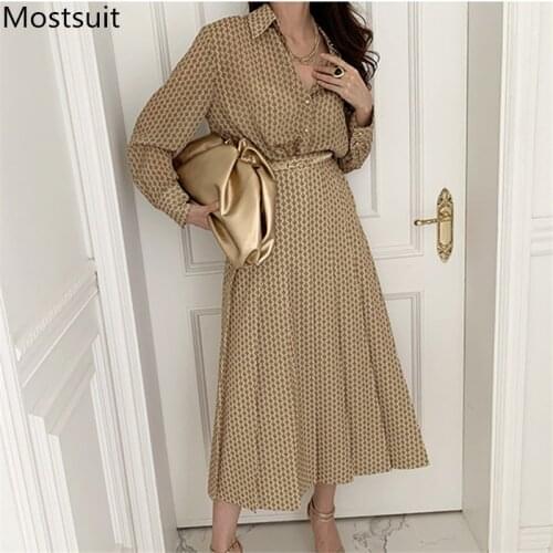 Korean Printed Two Piece Set Women Full Sleeve Shirt + High Waist Long Skirt Outfits Vintage Office Ladies Elegant Set 2021