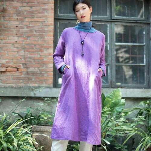 SCUWLINEN 2019 Women Winter Dress Solid O-neck Thicken Warm Fleece Double Layer Long Dresses Zen Robe S996