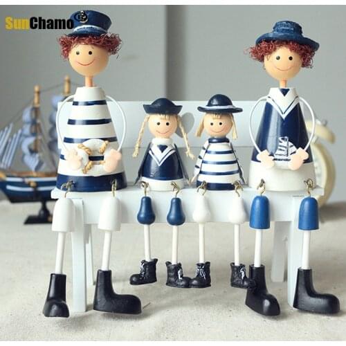 2 pair Nautical Wood Sailor Dolls Handicraft Blue White Navy Sitting Craft Hawaii Sea Beach Dolls For Art Home Decoration