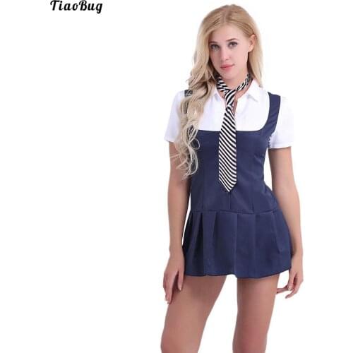 TiaoBug 2Pcs Women Lady Adult School Girl Student Costume Uniform Short Sleeve Fancy Shirt Dress With Necktie