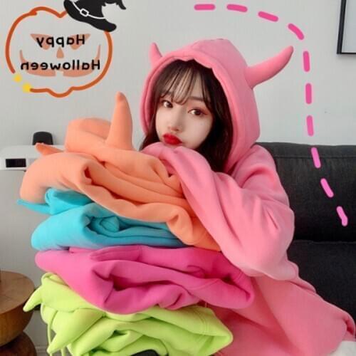 2020 New Design Cute Horns Hooded Loose Clothes Winter Women Girls Plus Velvet Warm Thickened Long Sleeve Plush Top Halloween