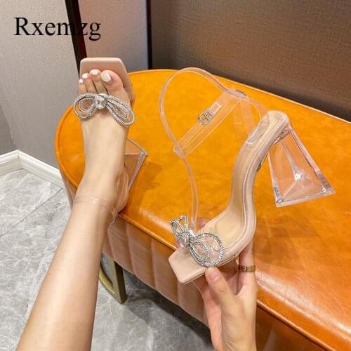 Rxemzg Women Sandals Summer Square Toe Ladies High Heels PVC Transparent Crystal Butterfly-knot Casual Party Ankle Strap Sandals