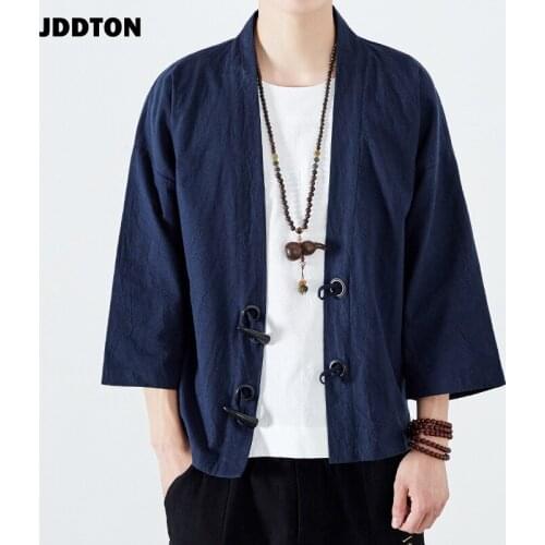 JDDTON Summer Mens Kimono Horn Buckle Fashion Cardigan Jackets Thin Outerwear Haori Coats Loose Casual Male Overcoat JE055