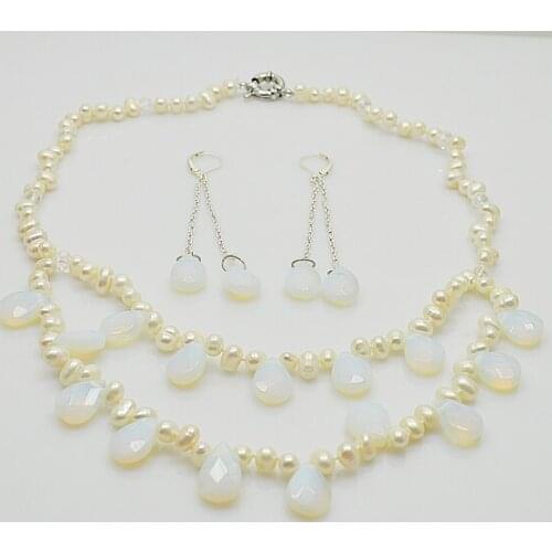 Perfect Women Gift Wedding Birthday Pearl Jewelry set White Color Genuine Freshwater Moonstone Crystal Bead Necklace Earring