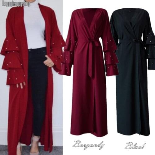 Fashion Beaded Dubai Kimono Abaya Muslim Women Open Front Long Maxi Dress Arab Jilbab Kaftan Casual Cardigan Coat Islam Clothing