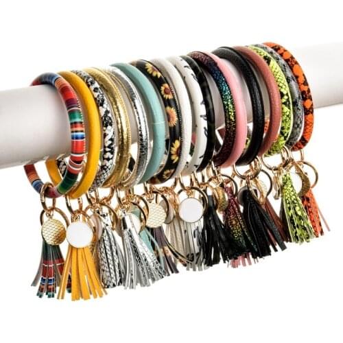 MOFLO 35 Patterns PU Leather Tassel Keyring Bangle Disc Pendant Wristlet Keychain Leopard Snake Leather Bangle Keychain