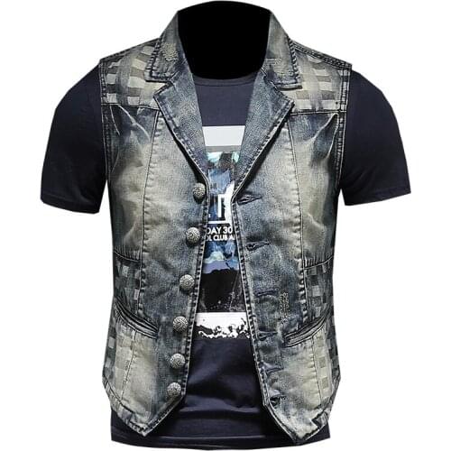 Mens Slim Denim Vest Blue Retro Denim Jacket Casual Vest Spring Summer