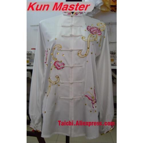 Custom Tai Chi Performance Uniform Peony Embroidery Martial Art Clothing For Kung Fu White Color Top And Pants
