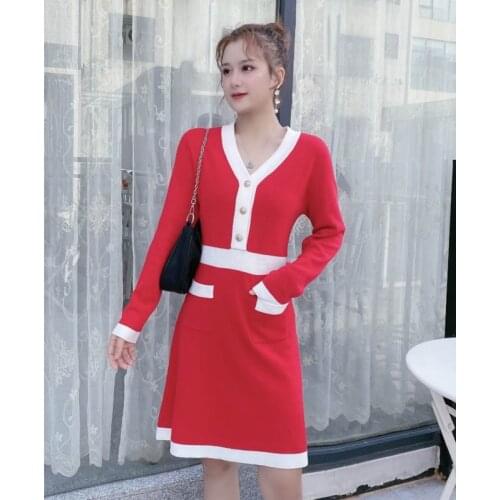 5 PCS Wholesale Autumn Winte Long sleeve v-neck Slim and keep warm Christmas sweater dress New year sweater dress for women
