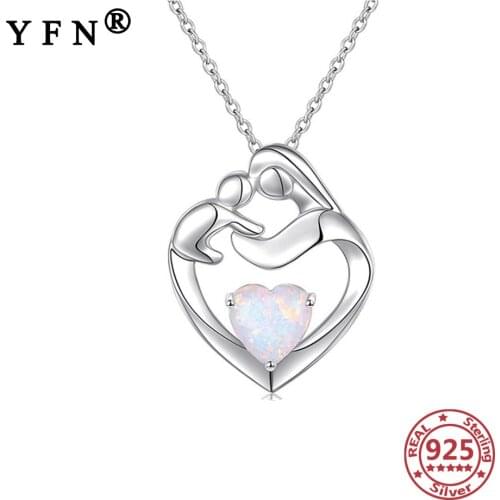 YFN 925 Sterling Silver Necklaces Heart Created Opal Mother & Baby Womens Jewelry 925 Silver Chain Mothers Day Gift Moms Gift